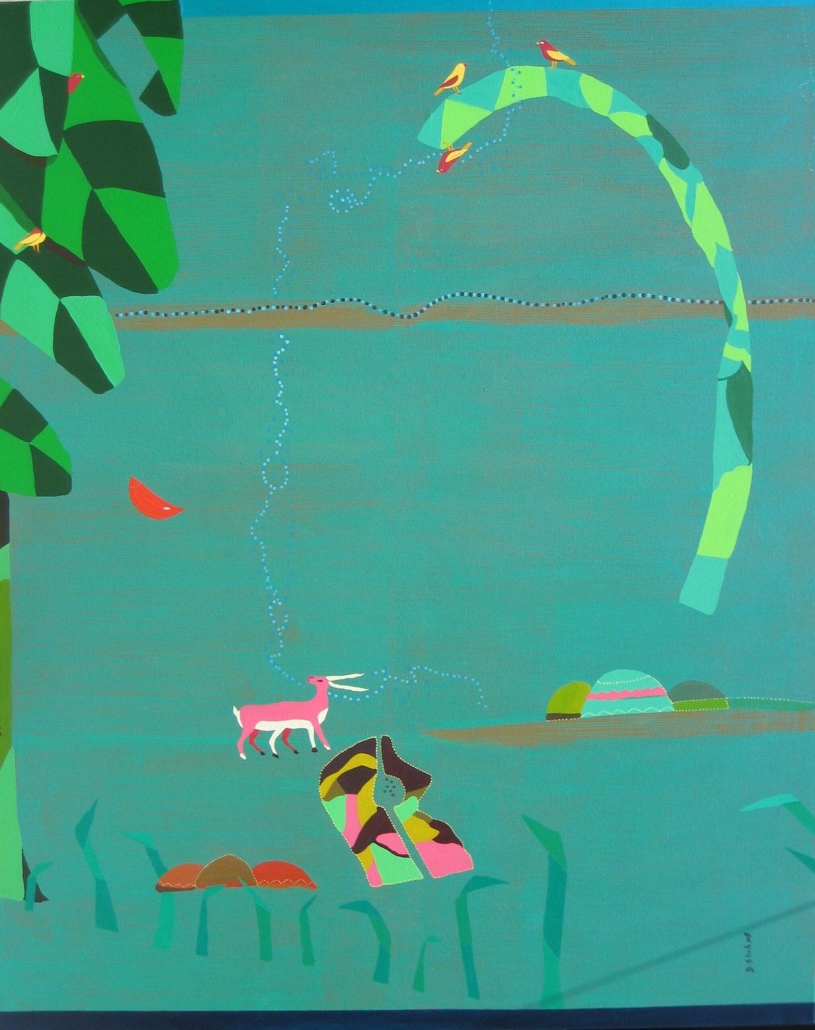 DS-40-48x60-inch-Acrylic-on-Canvas-bird-with-deer-2008 Dhaneshwar Shah – DS - 40, 48x60 inch, Acrylic on Canvas, bird with deer, 2008 - Image 1