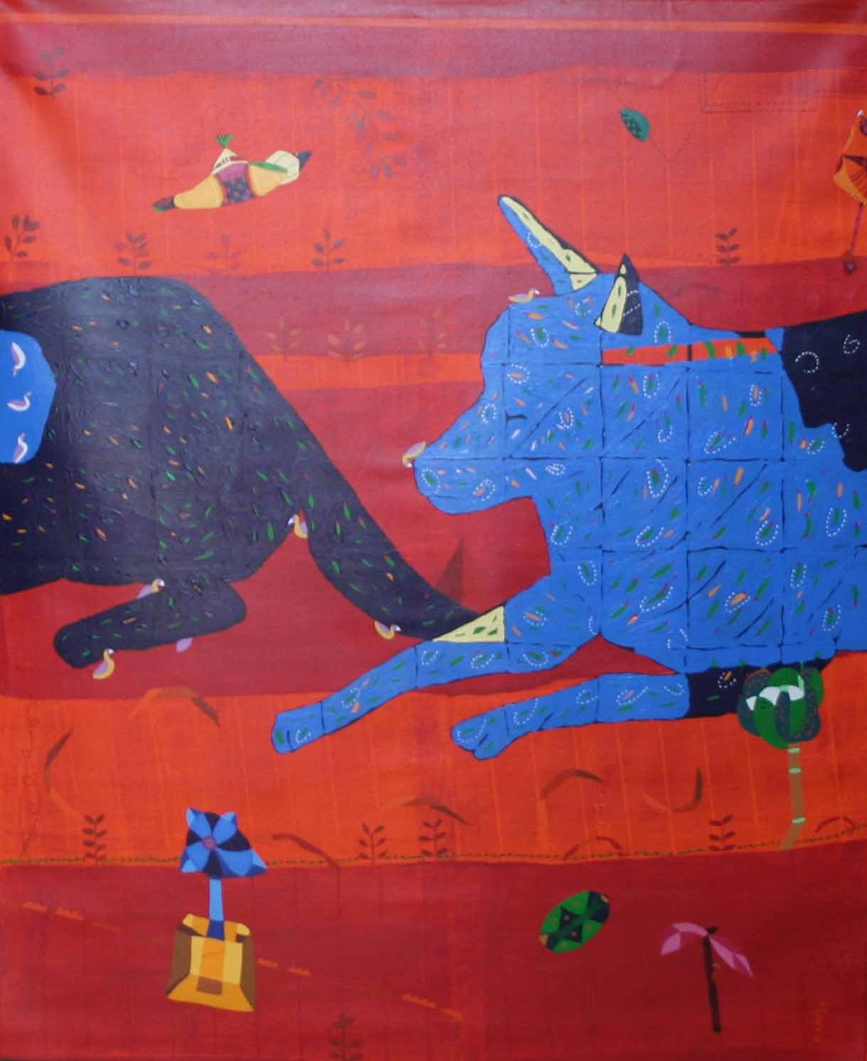 DS-71-48X60-inch-Acrylic-on-Canvas-Dog-in-Blue-2009 Dhaneshwar Shah – DS - 71, 48X60 inch, Acrylic on Canvas, Dog in Blue, 2009 - Image 1